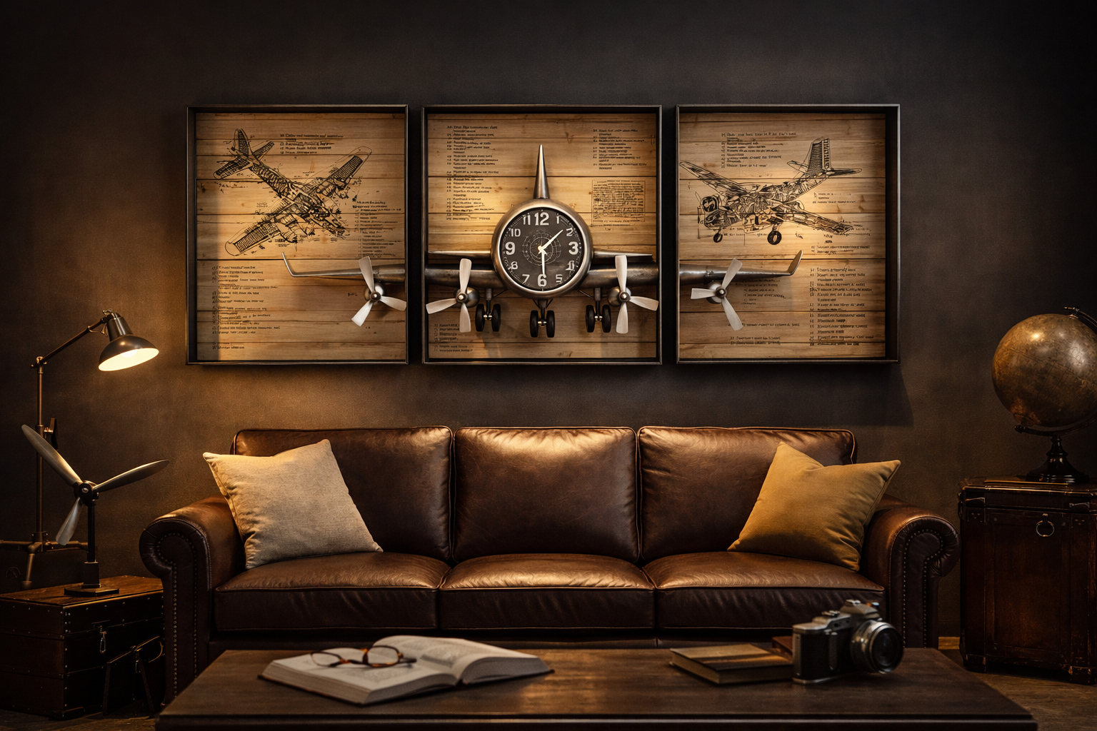 Metallic Vintage Airplane Wall Art with Clock, Set of 3 - Image 5