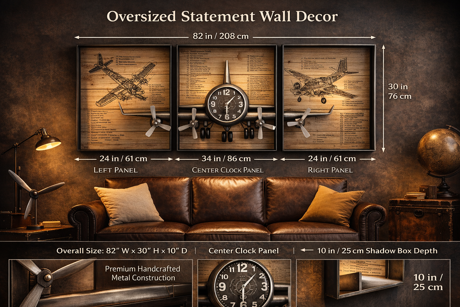 Metallic Vintage Airplane Wall Art with Clock, Set of 3 - Image 4