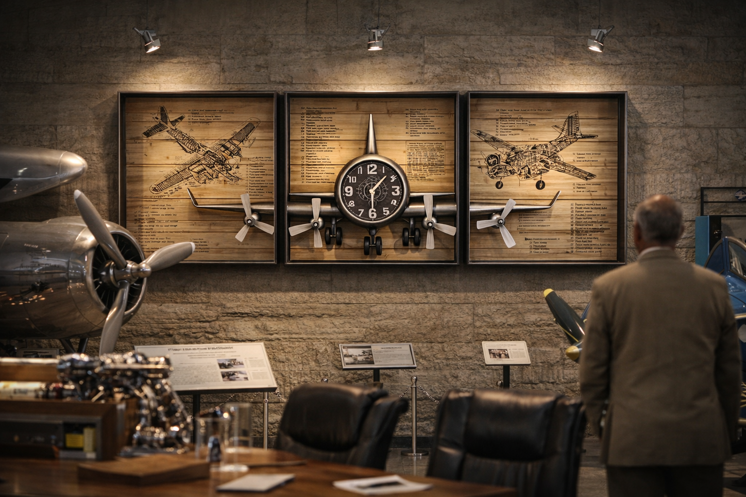 Metallic Vintage Airplane Wall Art with Clock, Set of 3 - Image 2