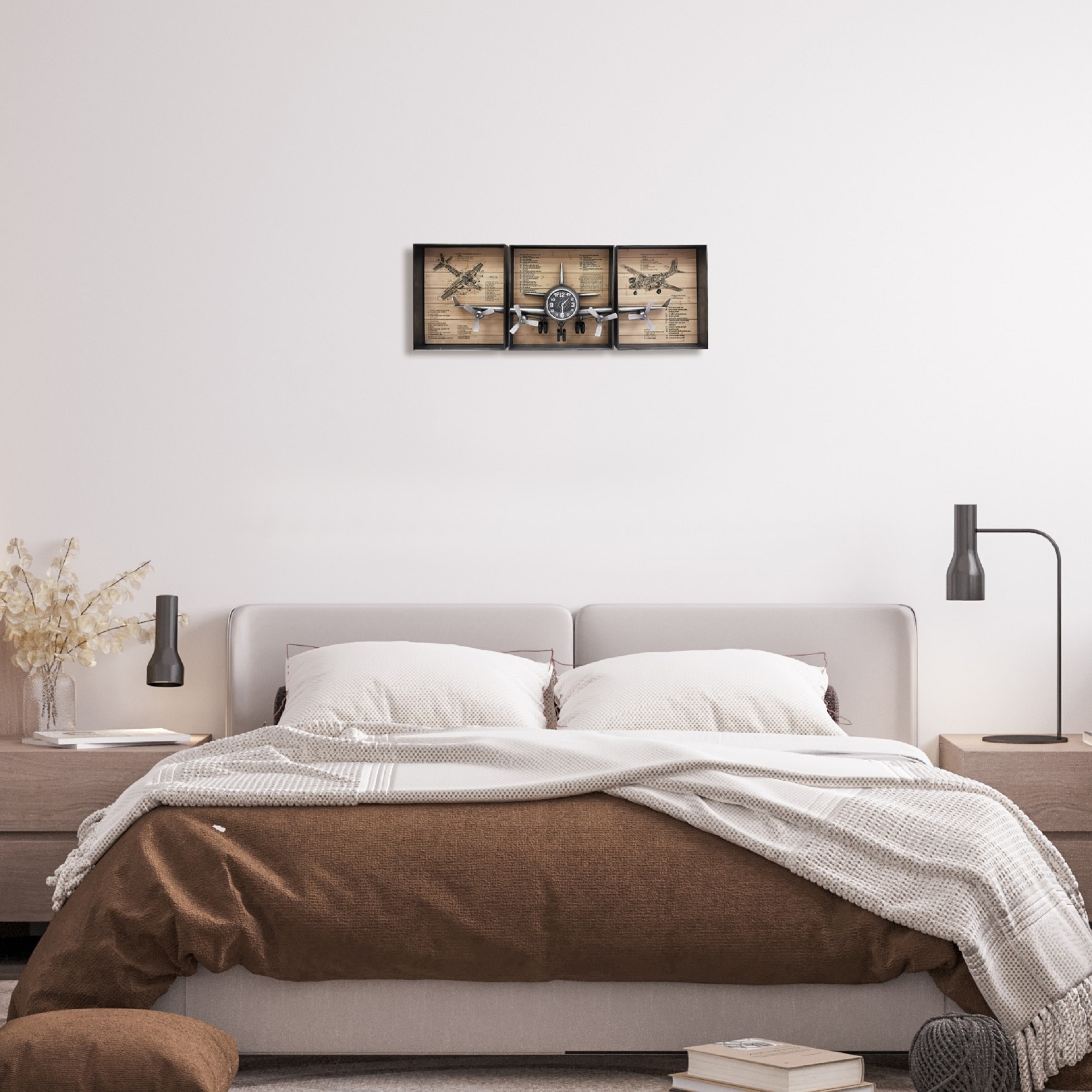 Metallic Vintage Airplane Wall Art with Clock, Set of 3