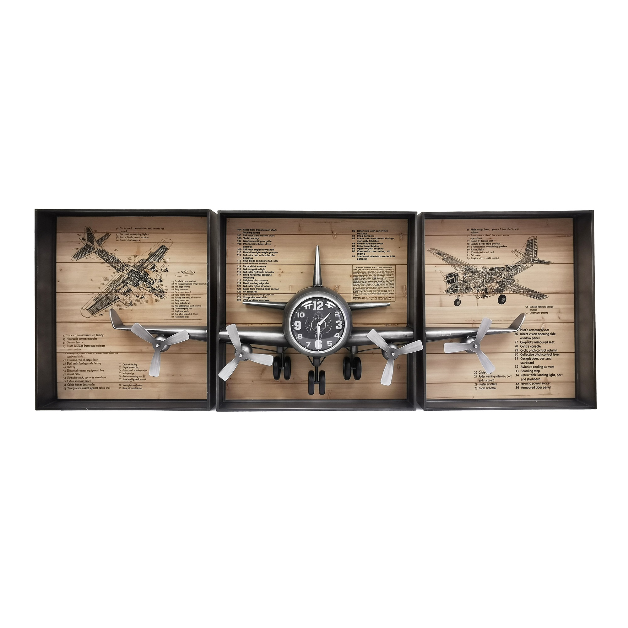 Metallic Vintage Airplane Wall Art with Clock, Set of 3 - Image 2