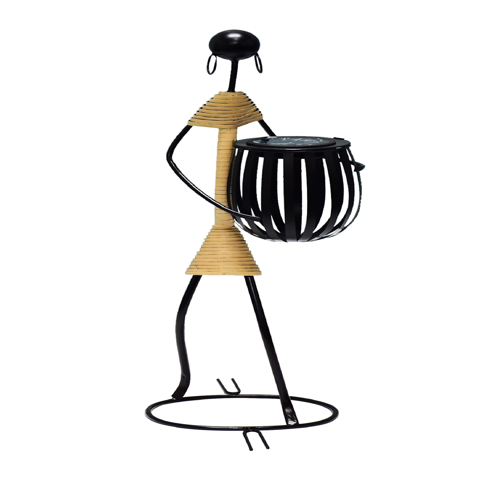 Artisanal Tribal-Inspired Solar LED Sentinel Abstract Tribal Lady Figurine Metal Sculpture holding with Solar light