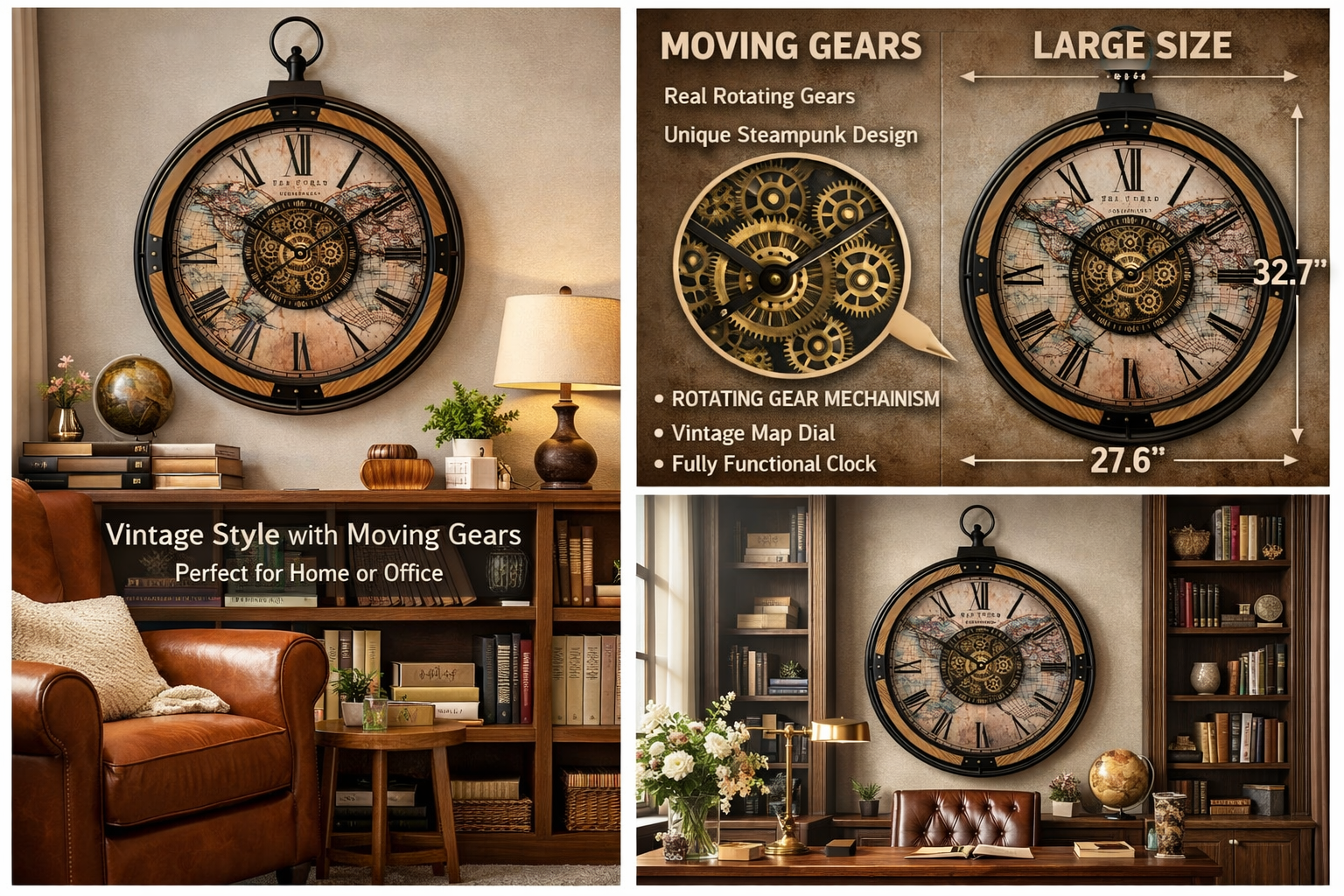 Vintage World Map Industrial Gear Wall Clock - Image 2