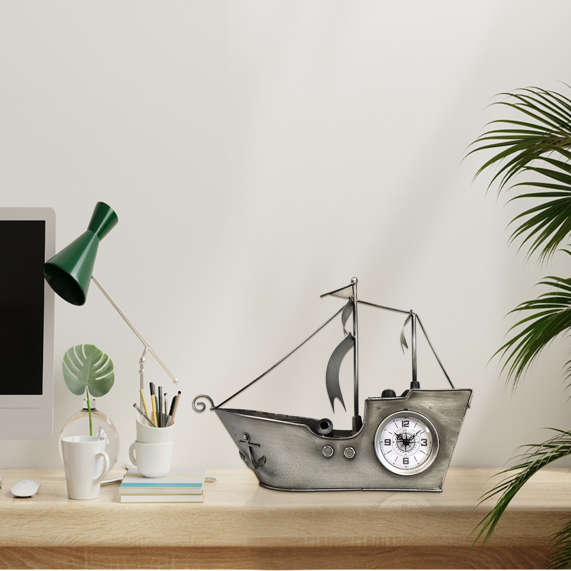Sailing Ship Metal Table Clock-Silver - Image 3