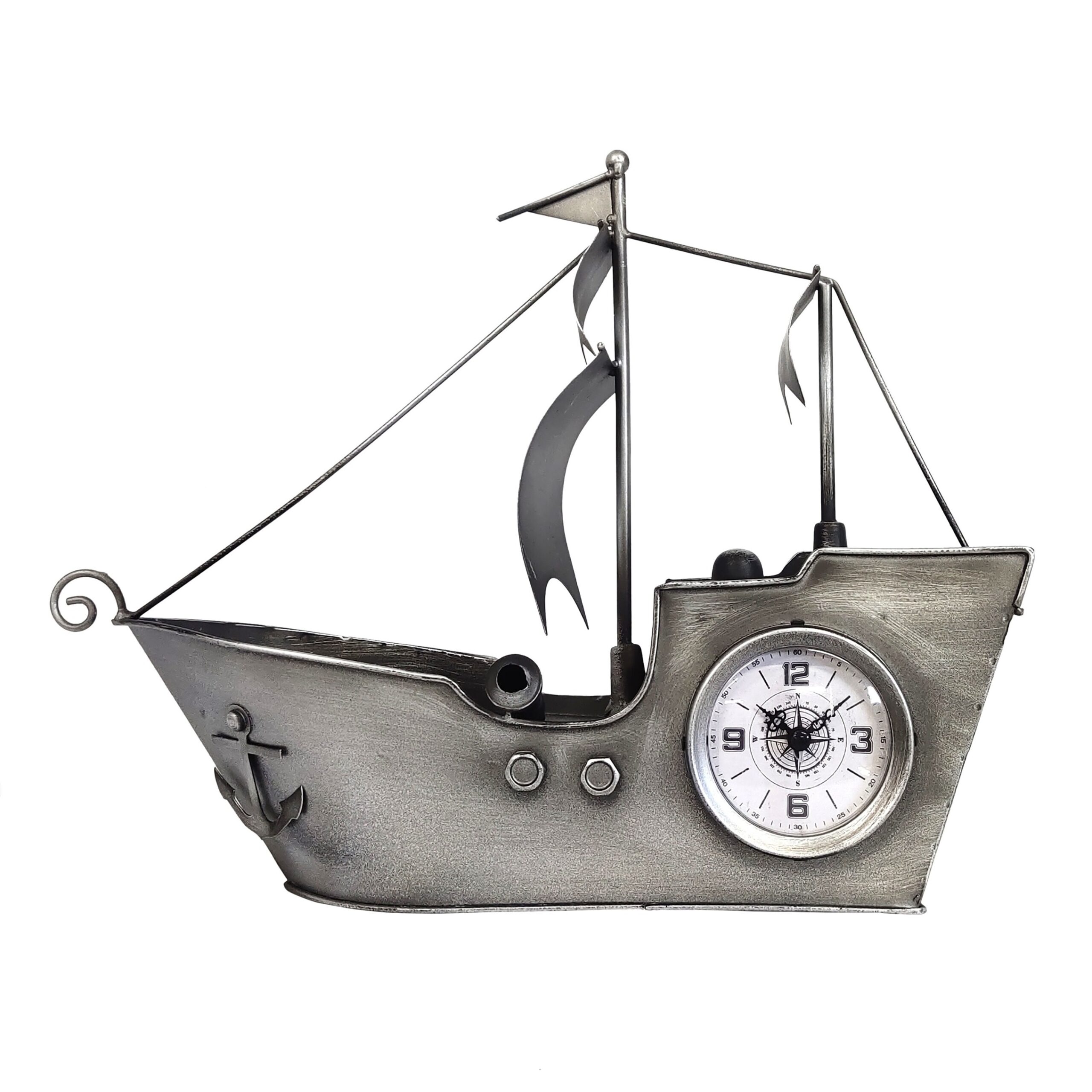 Sailing Ship Metal Table Clock-Silver - Image 5