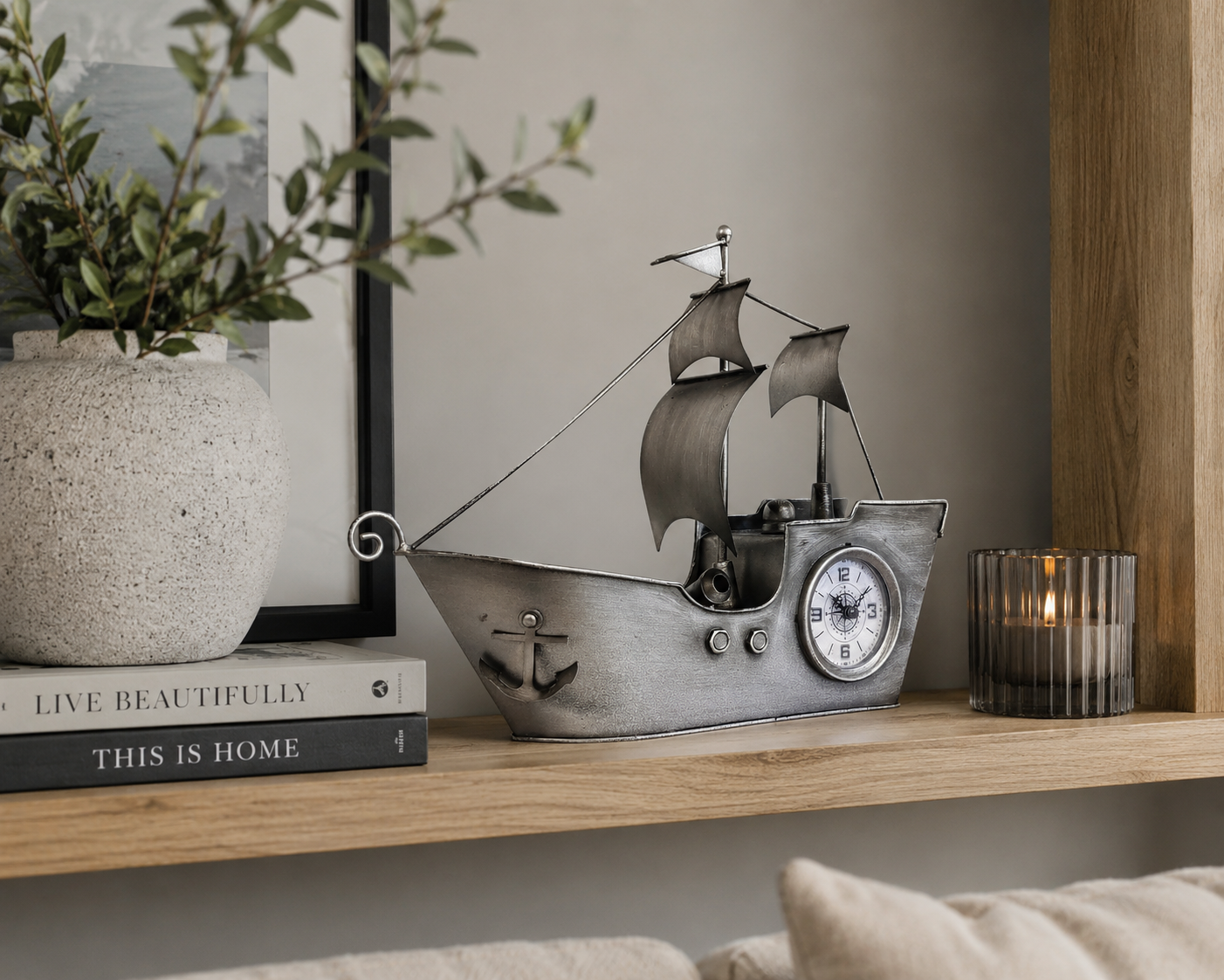 Sailing Ship Metal Table Clock-Silver - Image 2