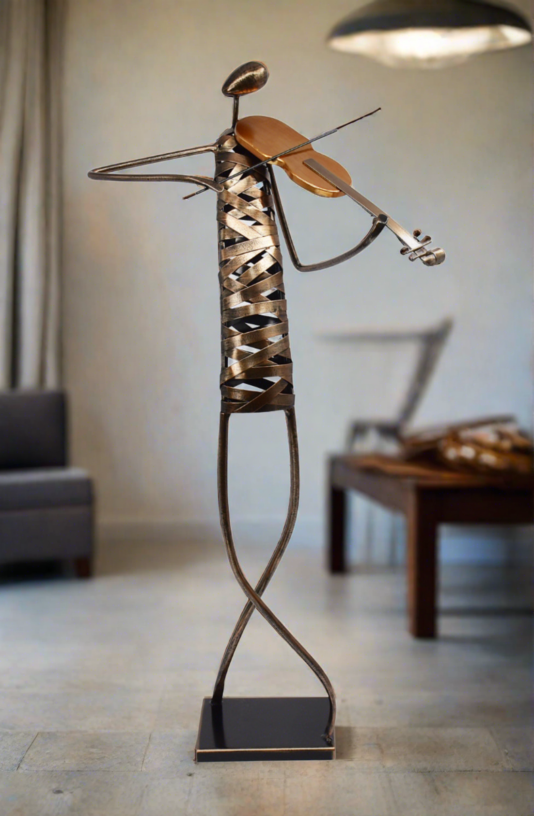 Playing Violin Musician Brush Bronze Color Metal Sculpture - Image 4