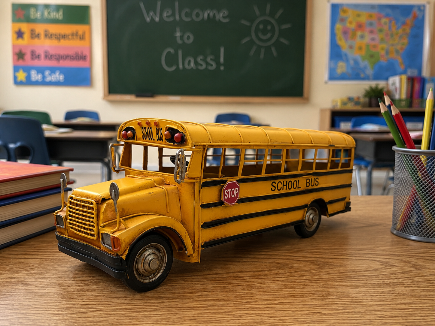 Vintage Metal School Bus Model Décor