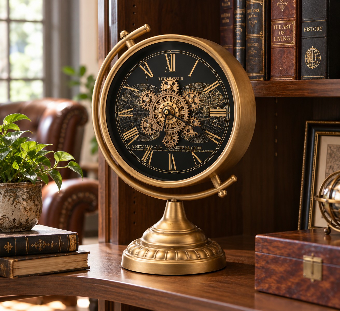 Vintage Globe Metal Gear Table Clock - Image 2