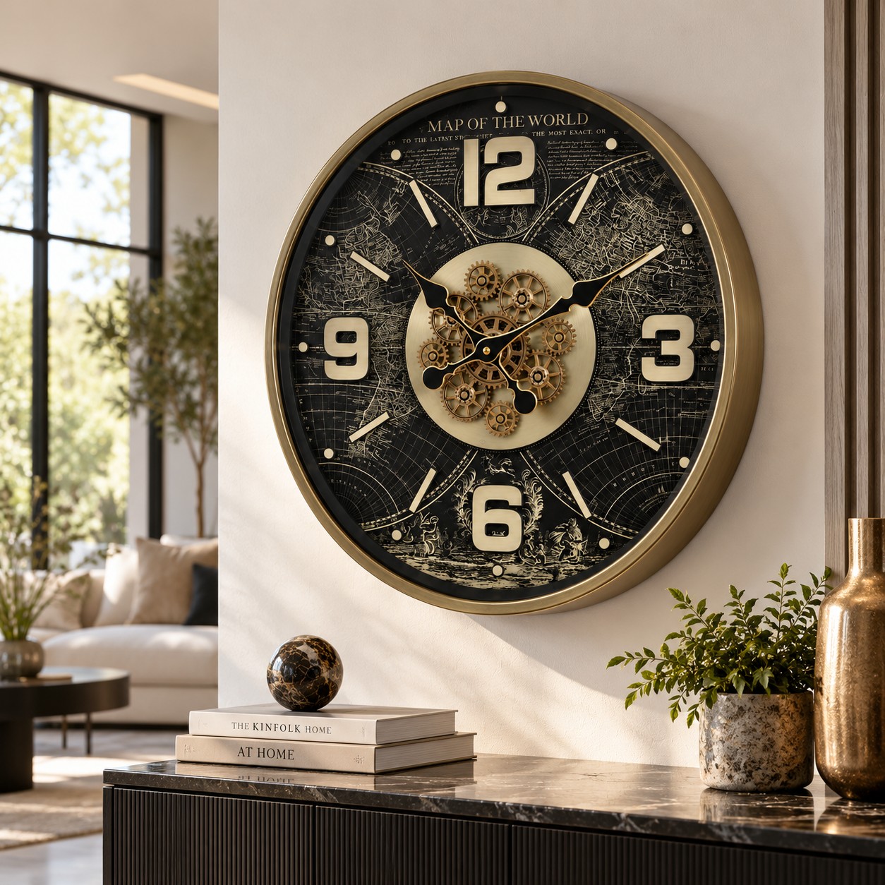 Vintage World Map Metal Gear Wall Clock - Image 2